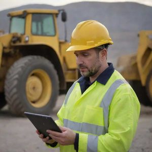 man-yellow-hard-hat-is-holding-tablet-front-large-yellow-truck